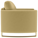 Corliss Upholstered Curved Track Arm Chair in camel velvet, angled view