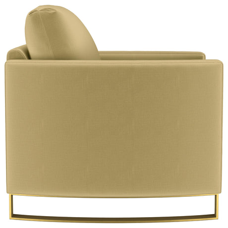 Corliss Upholstered Curved Track Arm Chair in camel velvet, angled view