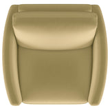 Corliss Upholstered Curved Track Arm Chair in camel velvet, angled view