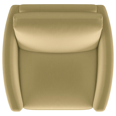 Corliss Upholstered Curved Track Arm Chair in camel velvet, angled view