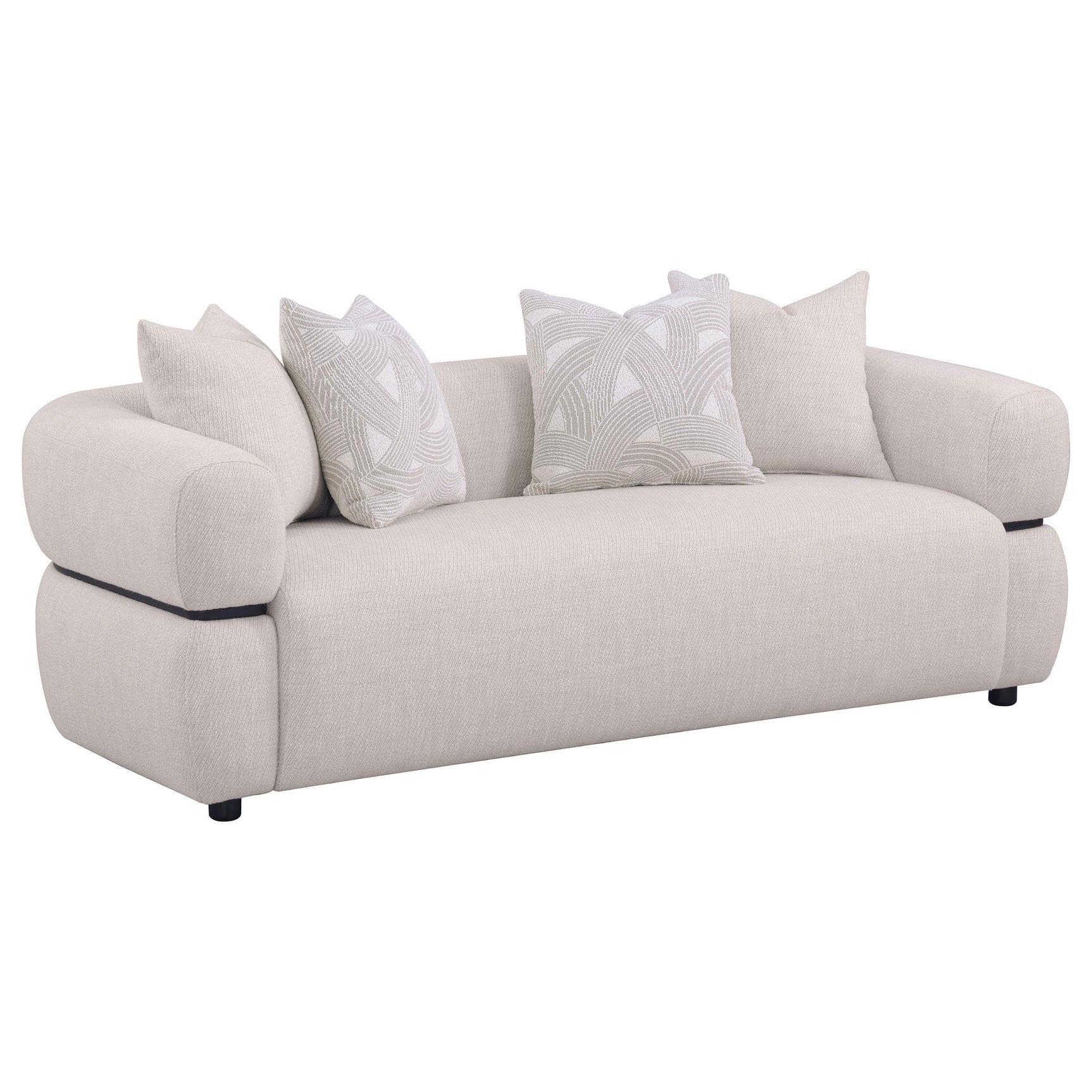 Side view of Jeanette beige fabric sofa set with round arms