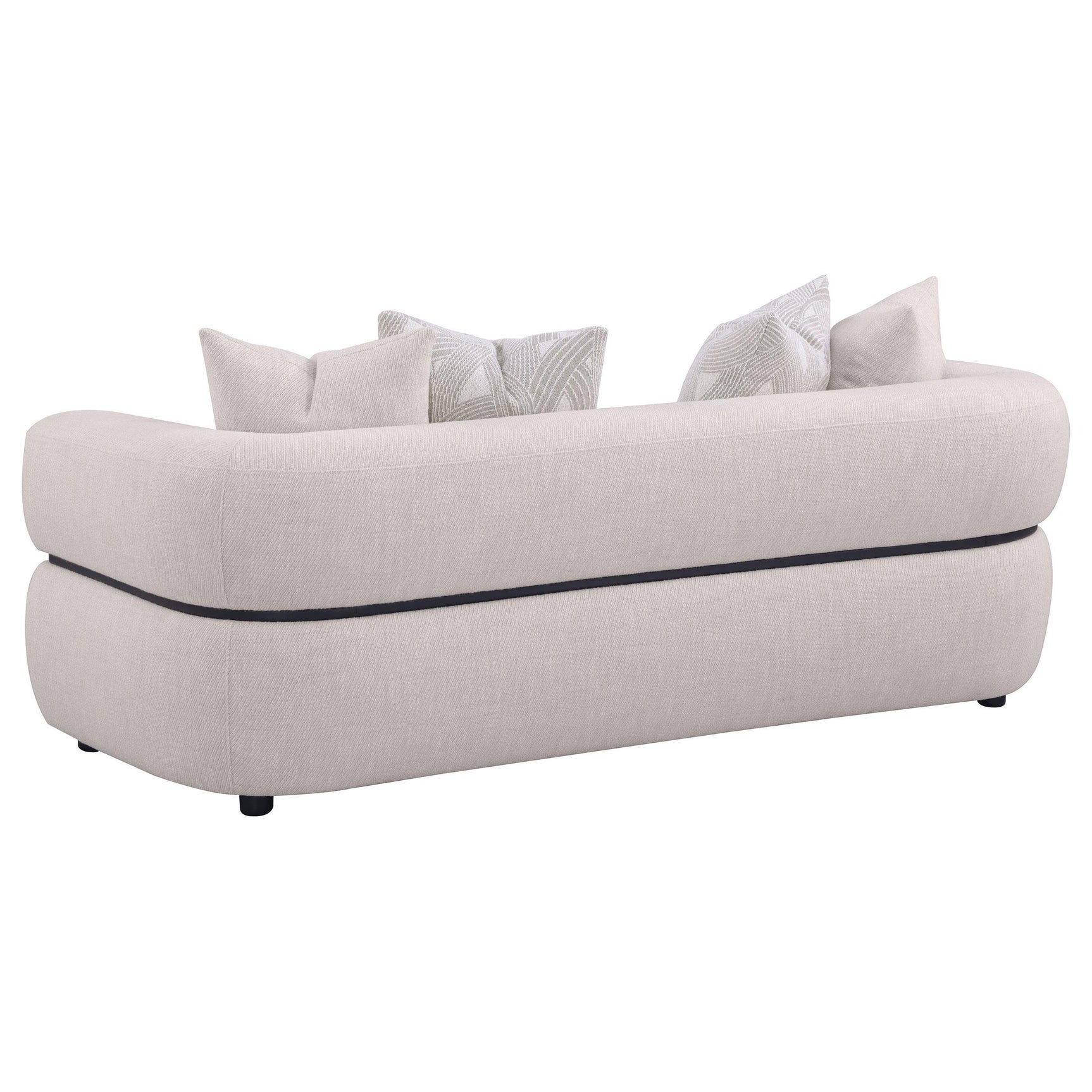 Close-up of Jeanette sofa beige fabric upholstery and rounded arm