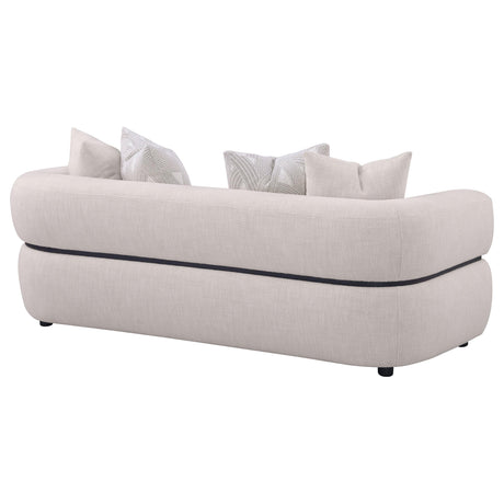 Detail view of Jeanette sofa arm and fabric texture