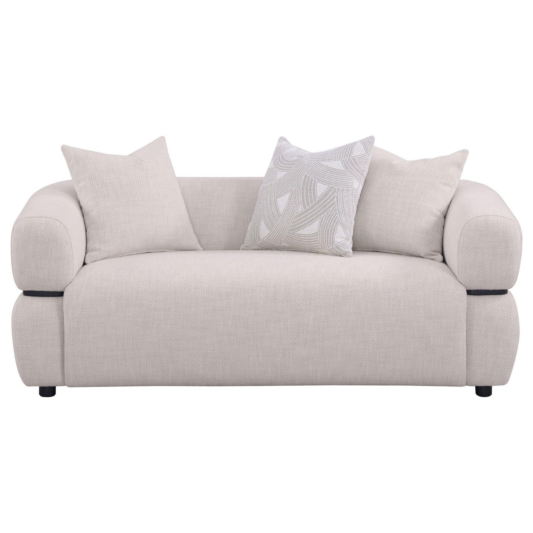 Jeanette loveseat side angle showing curved frame and wood waistband