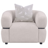 Jeanette accent chair side profile showing solid wood waistband
