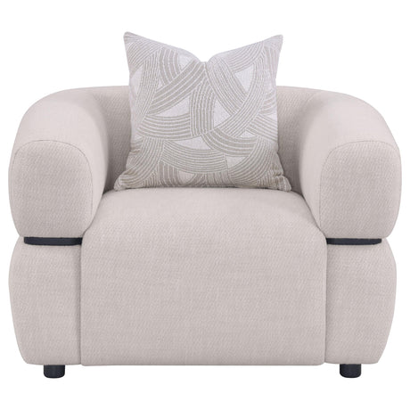 Jeanette accent chair side profile showing solid wood waistband