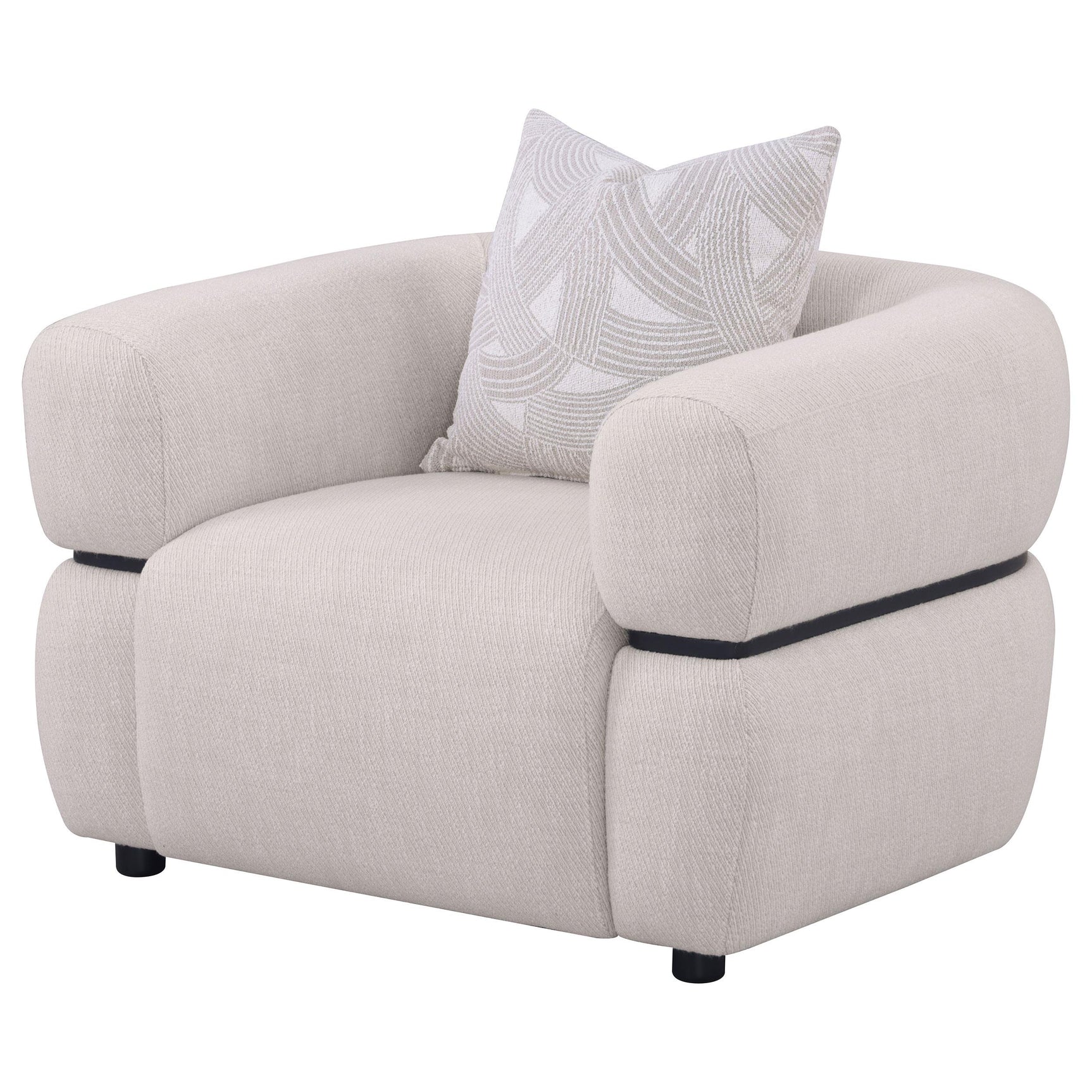 Close-up of beige textured fabric upholstery on accent chair