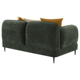 Side profile of loveseat's curved armrest