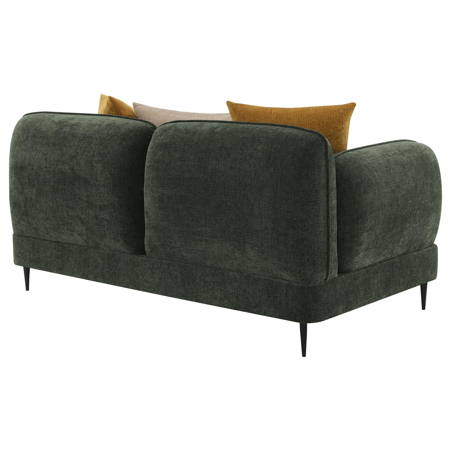 Side profile of loveseat's curved armrest