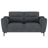 Modern metal legs of Nolan loveseat close-up