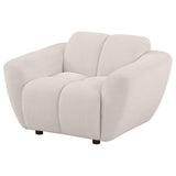 Close-up of channel-tufted chenille upholstery on Destino accent chair