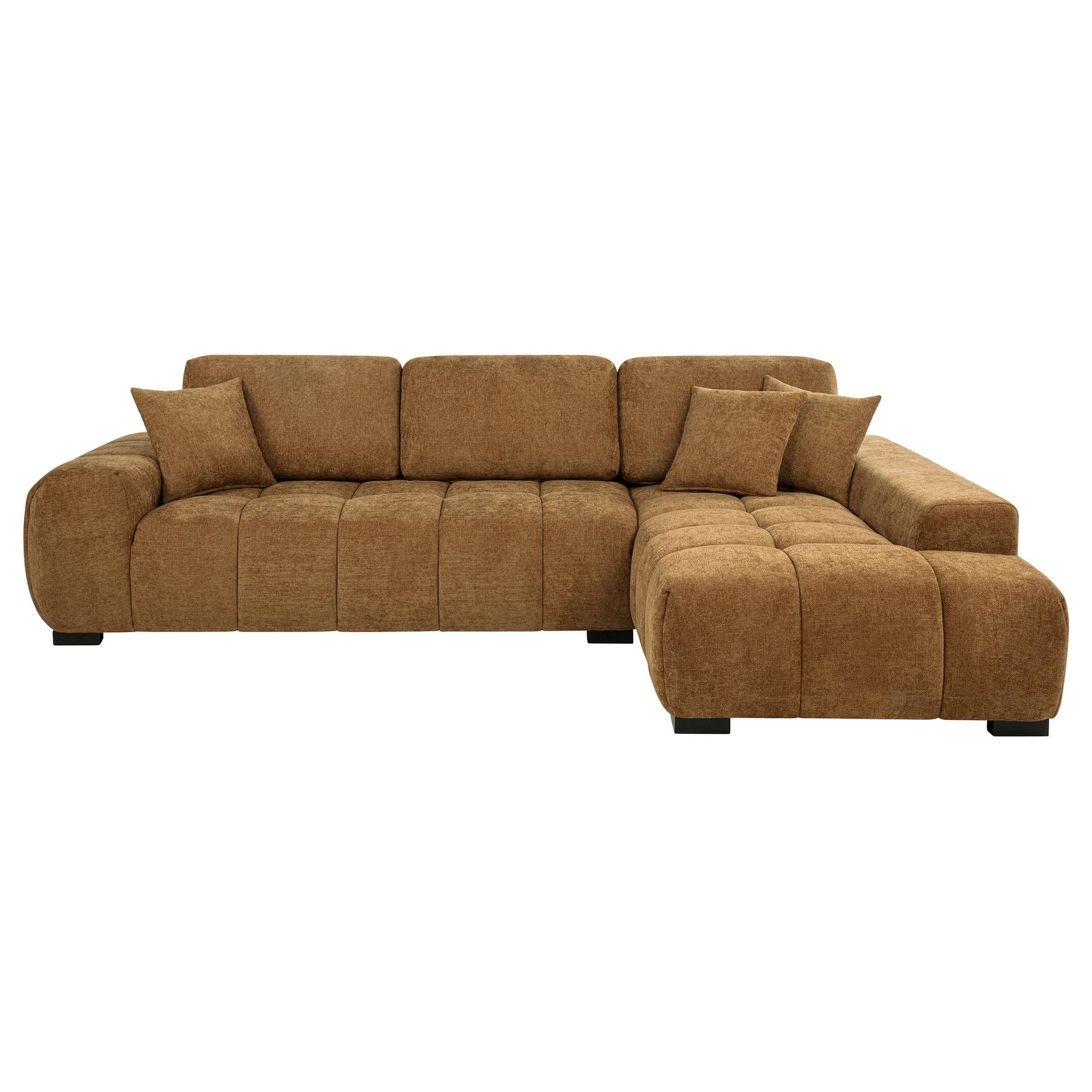 Side view of amber fabric upholstered sectional chaise sofa with chaise