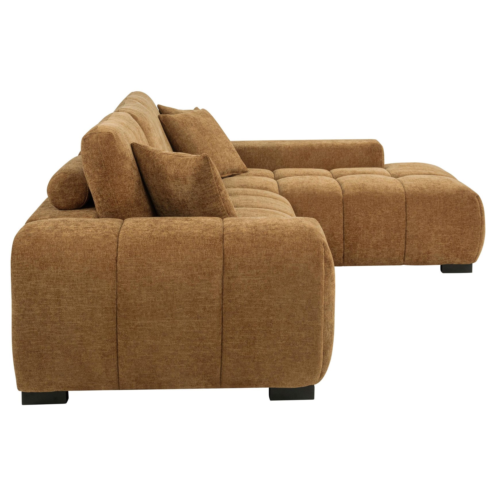 Another front angle of amber fabric upholstered sectional chaise sofa
