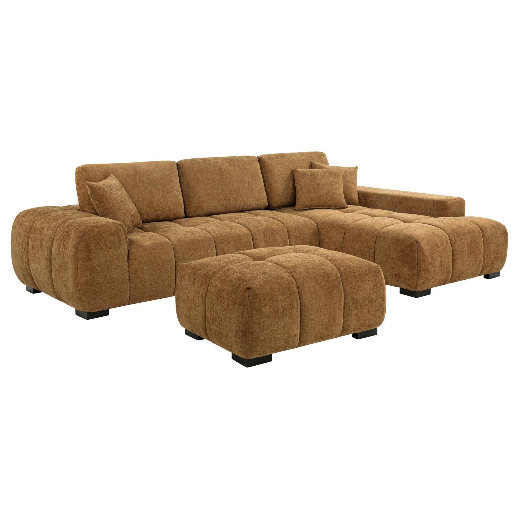 Side angle showing chaise section of amber fabric upholstered sofa