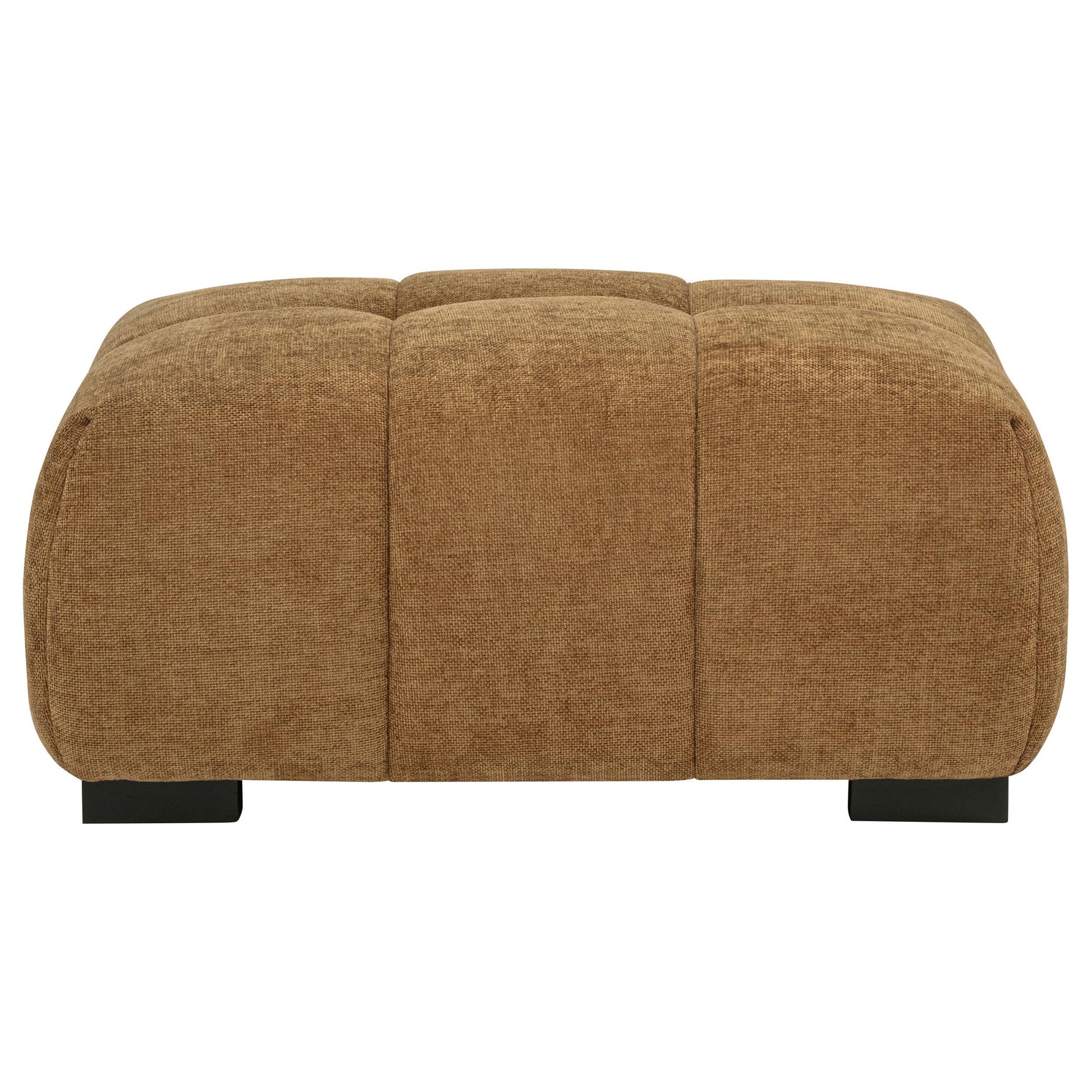 Octavia ottoman side view showing amber fabric and wood legs