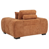 Side view of Octavia orange upholstered accent chair