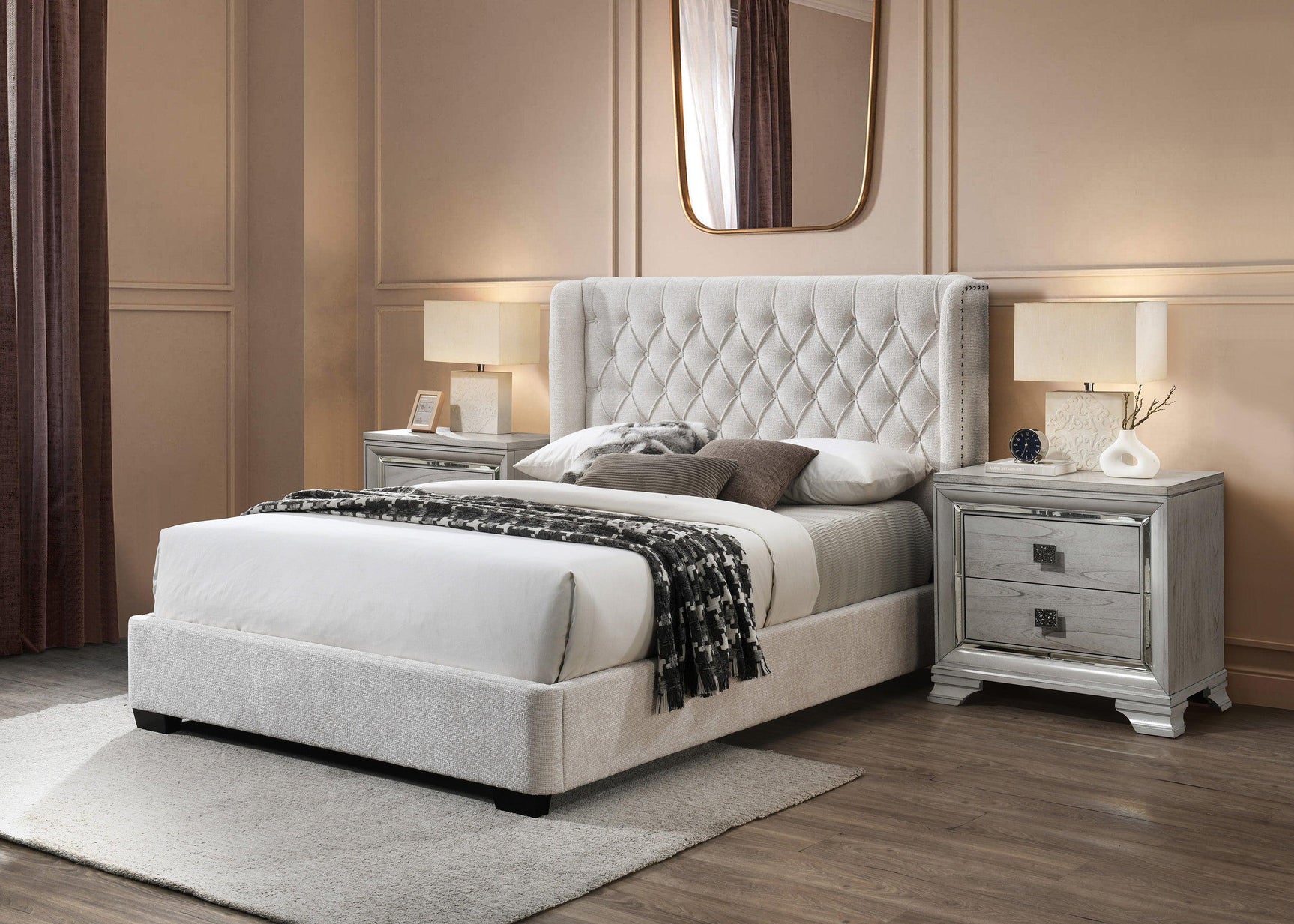 Close-up of tufted gray fabric headboard on Daphne King Bed