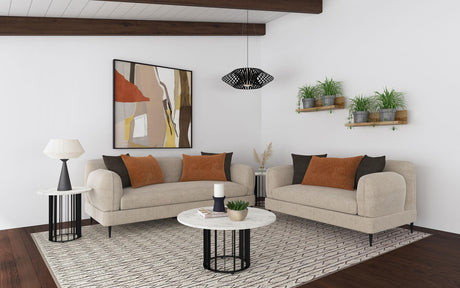 Side view of Jade 2-piece chenille sofa and loveseat set in latte