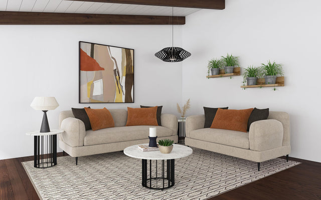 Side view of Jade 2-piece chenille sofa and loveseat set in latte