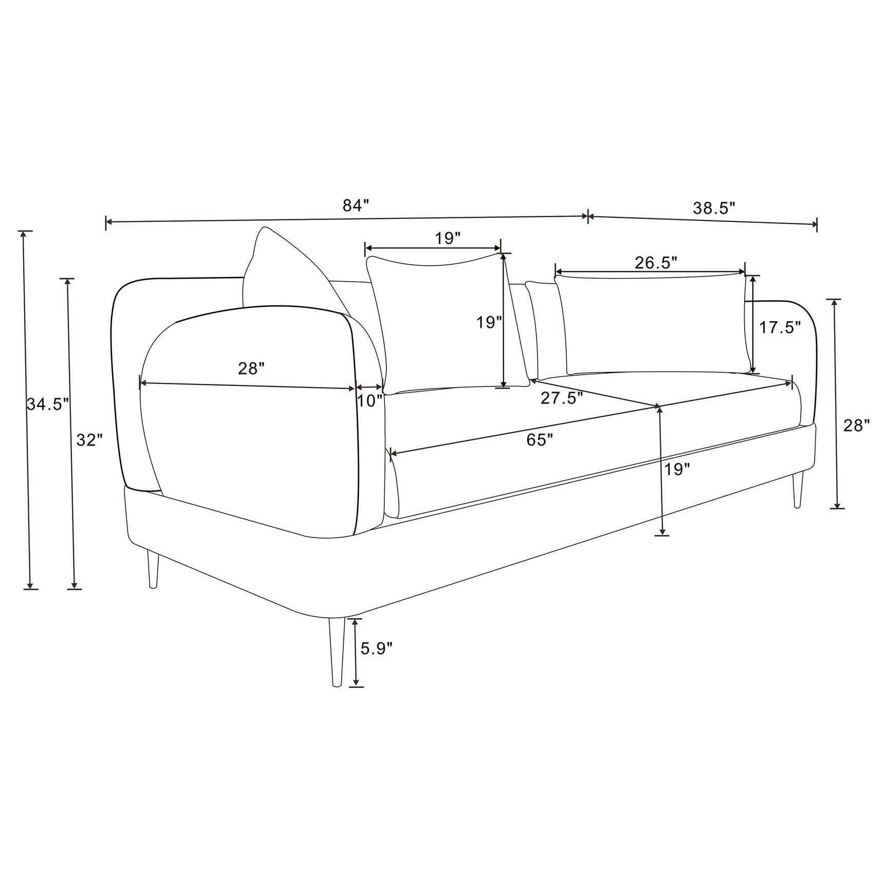 Side profile of sofa showing seat depth