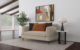 Side view of Jade Latte chenille loveseat showing tapered metal legs