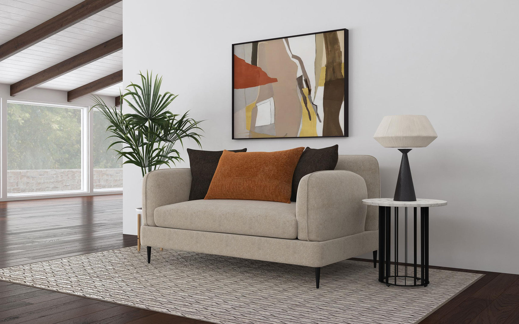 Side view of Jade Latte chenille loveseat showing tapered metal legs