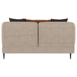 Profile view highlighting loveseat's sculpted rounded track arms
