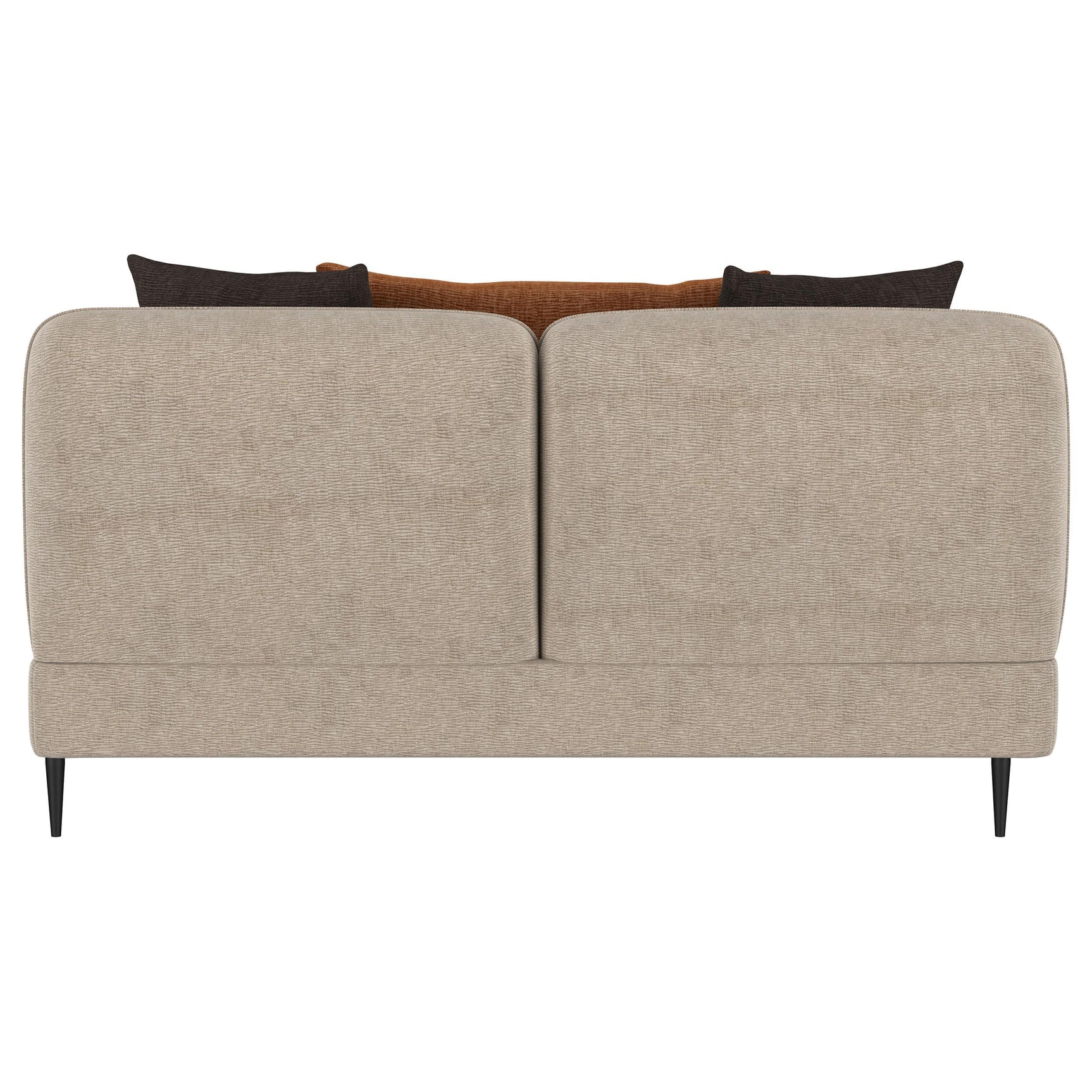 Profile view highlighting loveseat's sculpted rounded track arms
