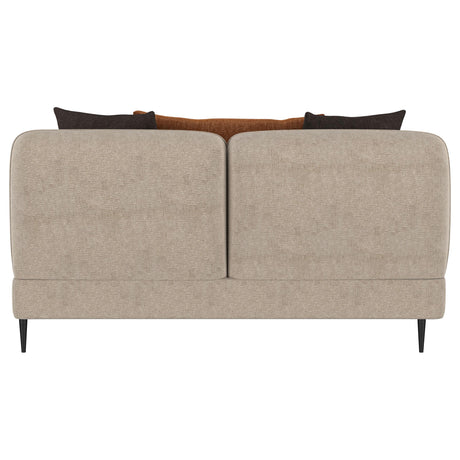 Profile view highlighting loveseat's sculpted rounded track arms