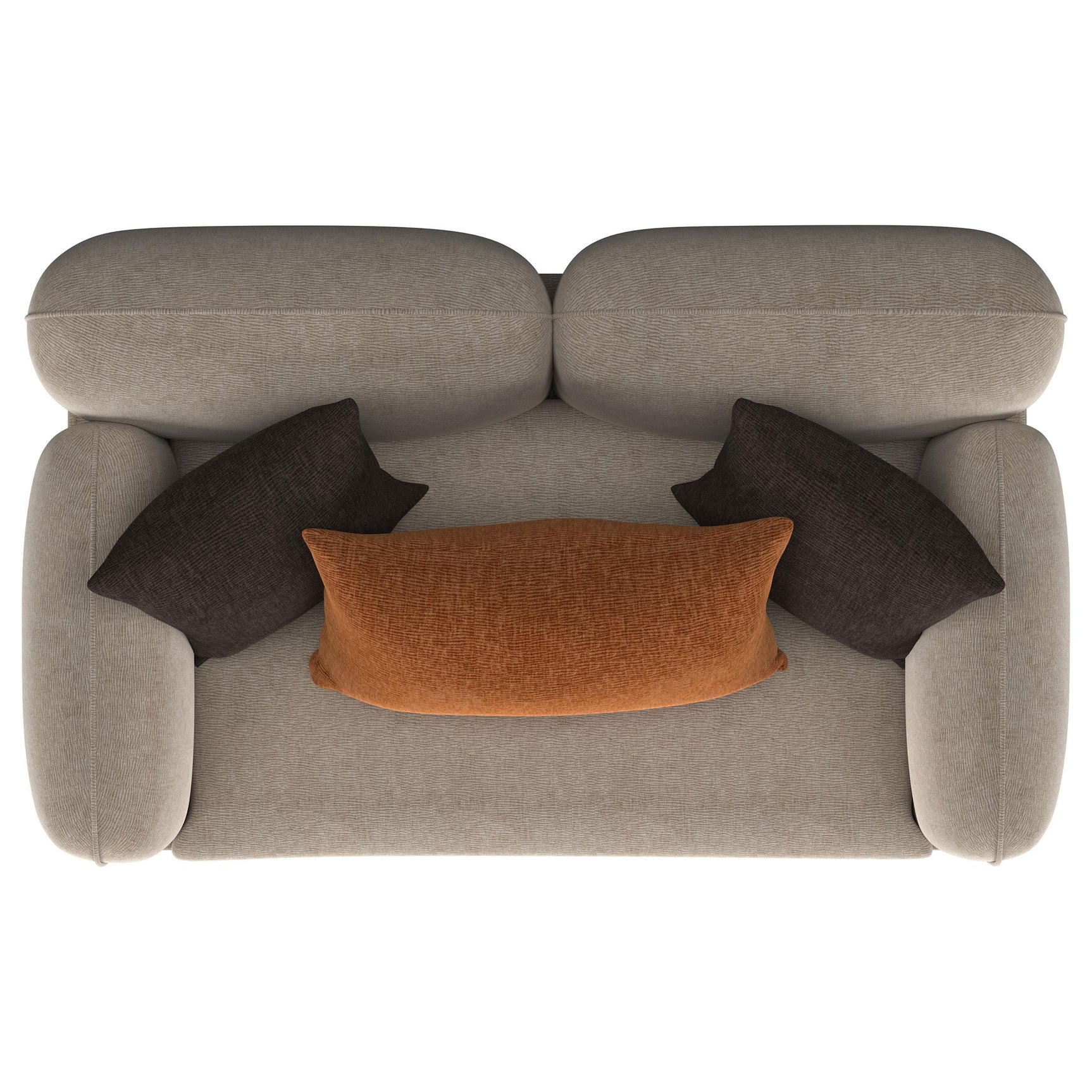 Jade Latte chenille upholstered loveseat with sculpted track arms and tapered metal legs