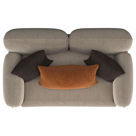 Jade Latte chenille upholstered loveseat with sculpted track arms and tapered metal legs