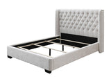 Side view of Daphne Gray solid wood upholstered king bed frame