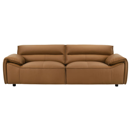 Detail view of Buxton orange leather upholstery