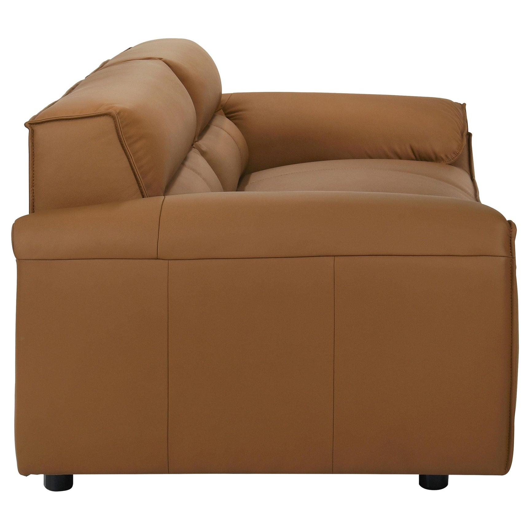 Side angle of Buxton orange leather loveseat