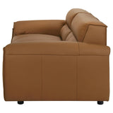 Buxton sofa front angle in orange leather