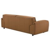 Front view of orange Buxton top grain leather sofa