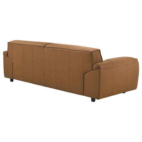 Front view of orange Buxton top grain leather sofa