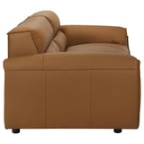 Side perspective of Buxton orange leather sofa