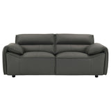 Side profile of Buxton leather loveseat in graphite