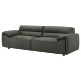 Detail of leather upholstery on Buxton Sofa in graphite