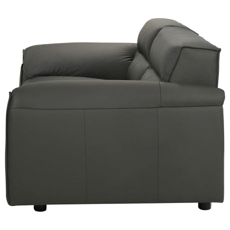Wide sloped arm detail on Buxton loveseat