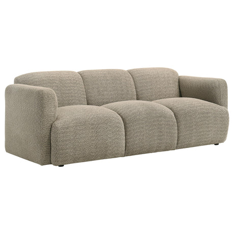 Side view of Dorset brown upholstered sofa and loveseat set
