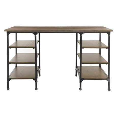 Millwood Counter Height Writing Desk showing weathered natural wood top and black metal legs front view