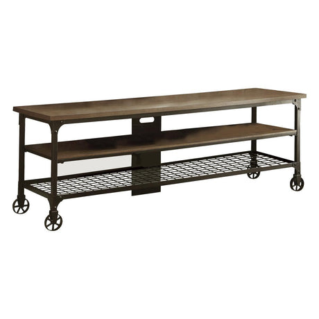 Millwood Weathered Natural Finish and Rustic Black Metal Finish TV Stand front