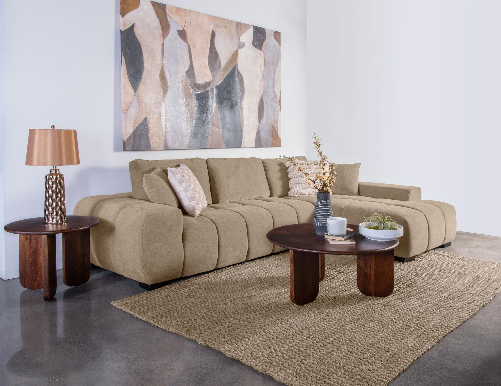 Octavia Upholstered camel fabric sectional chaise sofa side view