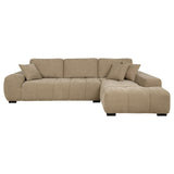 Close-up detail of camel fabric upholstery on Octavia sectional chaise sofa