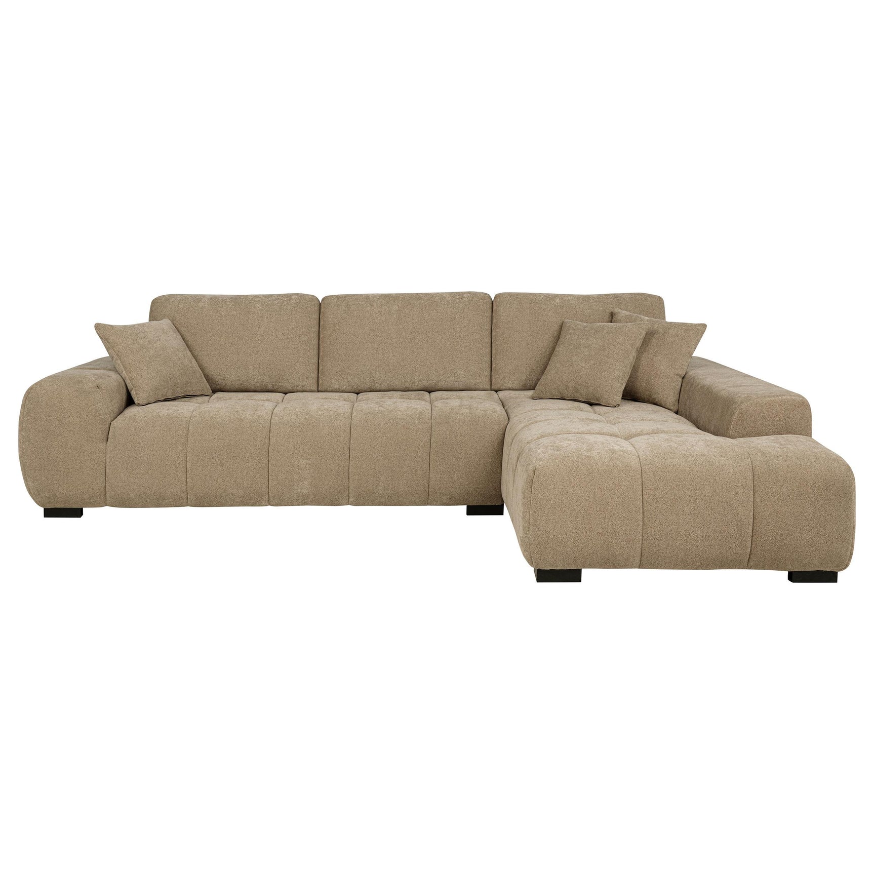 Close-up detail of camel fabric upholstery on Octavia sectional chaise sofa