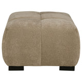 Close-up of camel fabric upholstery on Octavia Ottoman
