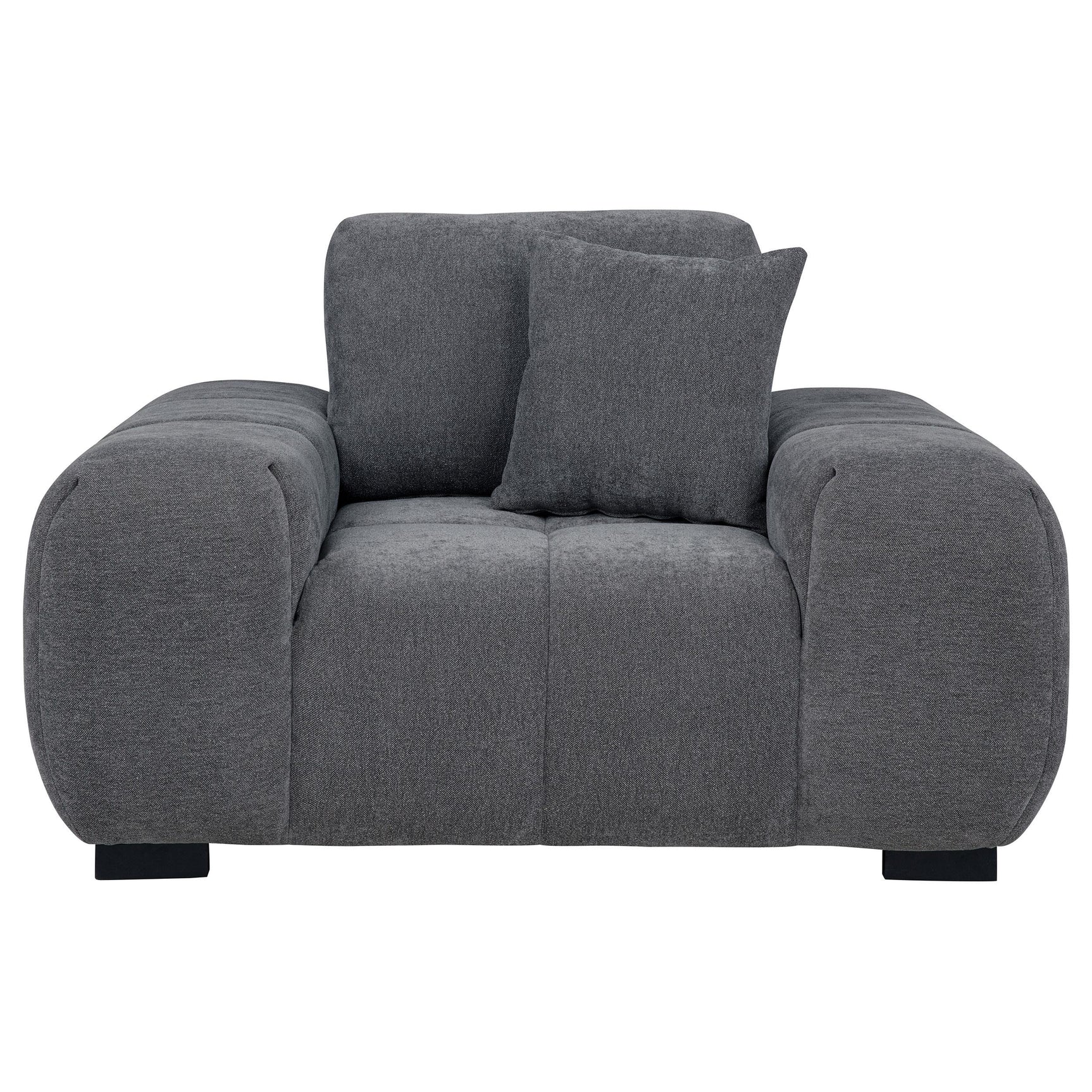 Close-up of tufted waterfall seat cushion fabric charcoal grey