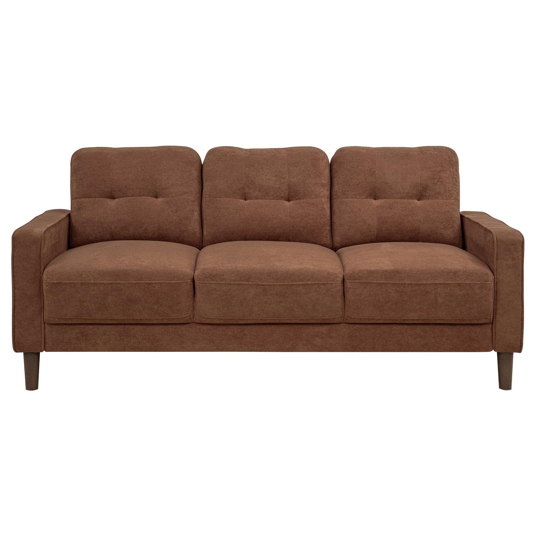 Detail view of rust fabric and arm design on Bowen II sofa set